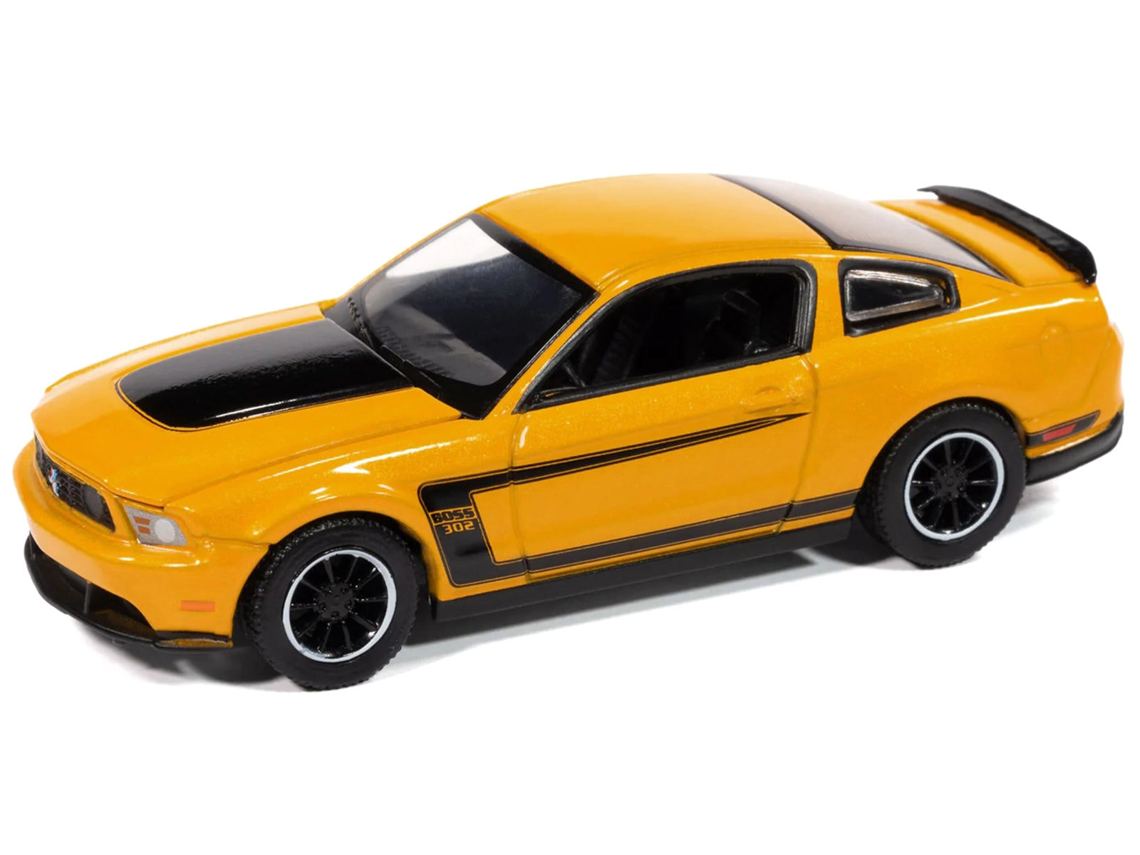 Yellow Blaze 2012 Ford Mustang Boss 302 diecast model car by Auto World from the Modern Muscle series, detailed with black accents.