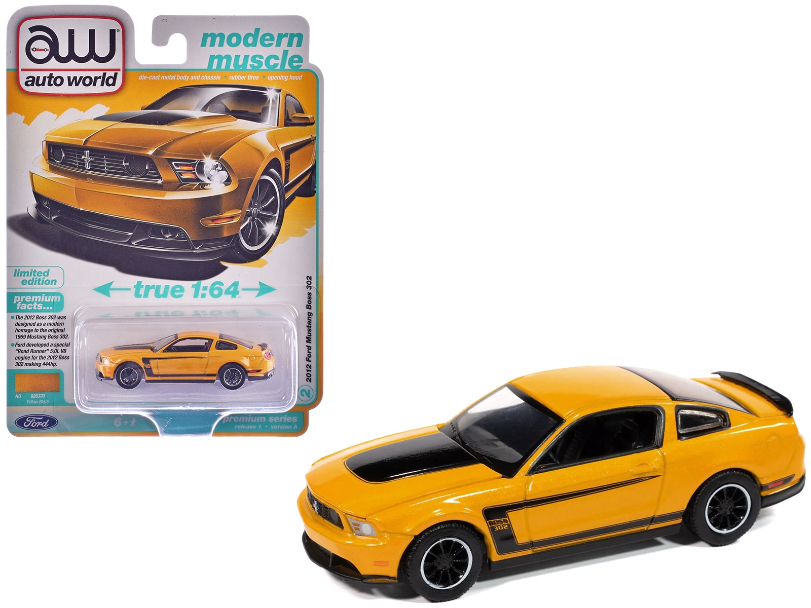 Yellow Blaze 2012 Ford Mustang Boss 302 diecast model car by Autoworld, featuring black accents from the Modern Muscle series.