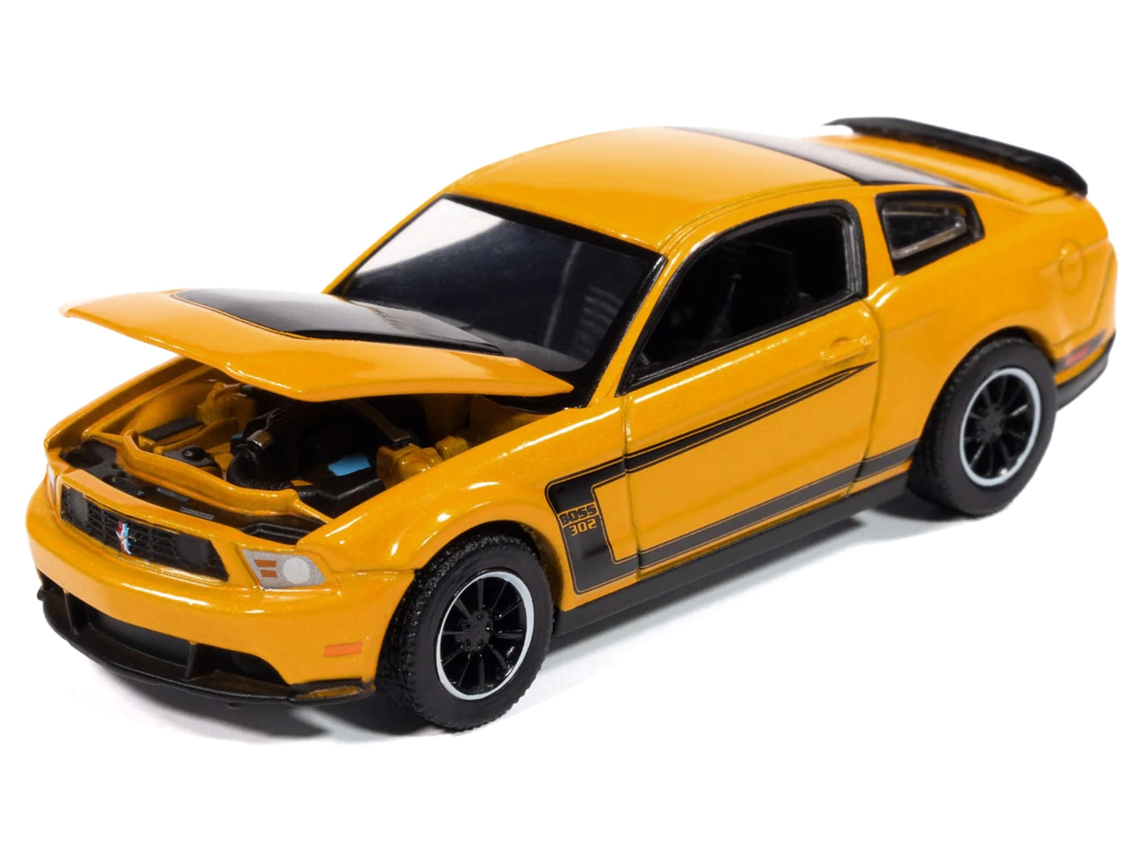 Yellow Blaze 2012 Ford Mustang Boss 302 diecast model car by Auto World, detailed black accents, part of Modern Muscle series.