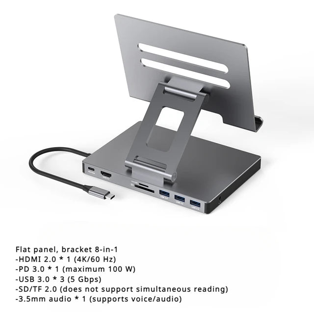 eprolo USB 3.0 splitter hub with 4K/60Hz Gigabit Ethernet port and Type-C docking station on a flat panel rotary stand