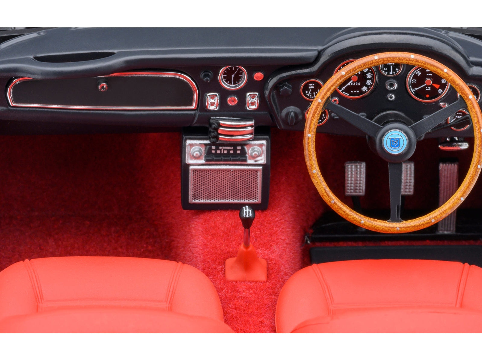 Aston Martin DB5 RHD model car in Dubonnet Rosso Red metallic by Autoart, detailed 1/18 scale collectible auto model.