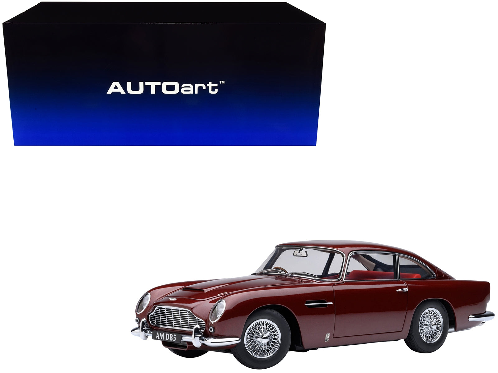 Aston Martin DB5 RHD model car in Dubonnet Rosso Red metallic, 1/18 scale by Autoart, detailed view of the high-quality diecast model