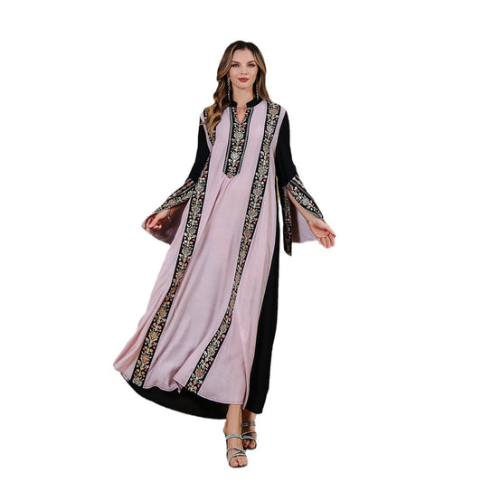 Embroidered Muslim dress with patchwork, long Middle Eastern robe in vibrant fabrics, designed by eprolo.