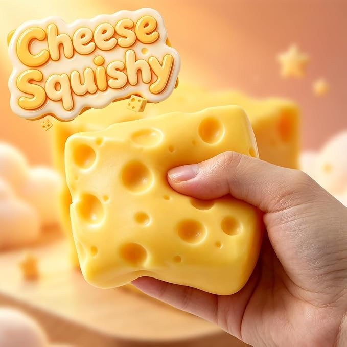 Yellow American Smart cheese squishy stress relief toy, sensory food-themed fidget ball for adults, soft and squeezable.