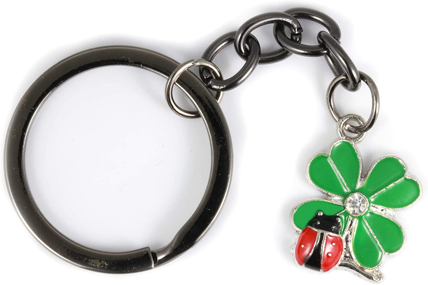 Ladybug Gifts | Ladybug Key Chain of a Lady Bug on a Four Leaf Clover Lucky Keychain 1 inch diameter Black Key Chain with Black Chain to the Ladybug Charm on a Four Leaf Clover with Rhinestone Center-1