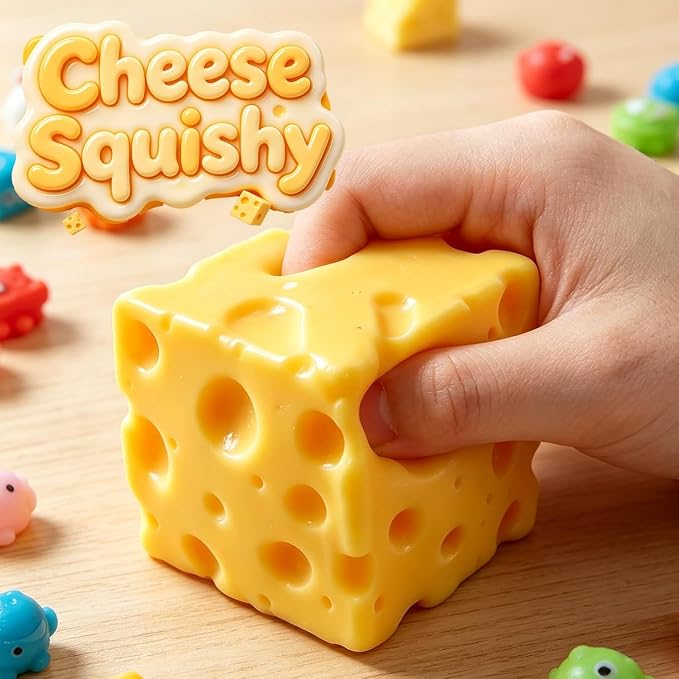 Yellow American Smart cheese squishy stress relief toy, soft foam fidget ball for adults, sensory food-inspired stress ball.