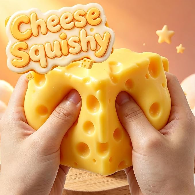 Yellow American Smart cheese squishy stress relief toy, soft sensory food-inspired fidget stress ball for adults.