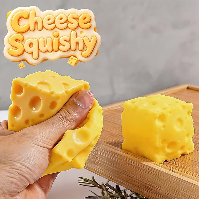 Yellow American Smart cheese squishy stress relief fidget toy, soft sensory food-inspired stress ball for adults.