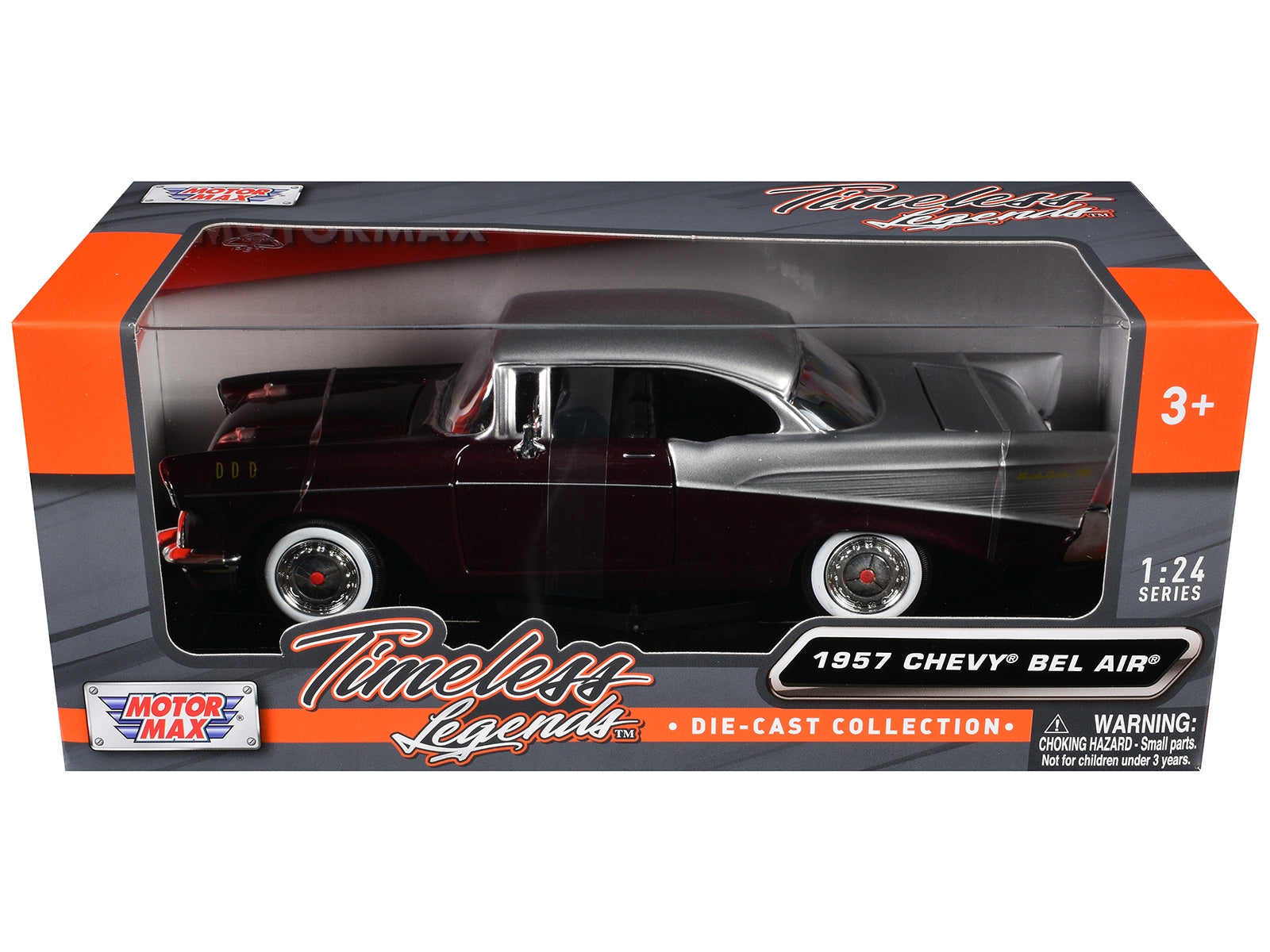 1957 Chevrolet Bel Air diecast model car by Motormax, burgundy metallic and silver finish, detailed collectible Chevrolet model.