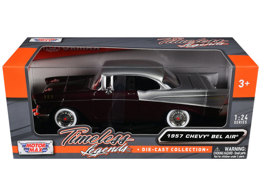 1957 Chevrolet Bel Air diecast model car by Motormax, burgundy metallic and silver finish, detailed collectible Chevrolet model.
