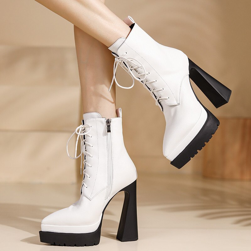 Autumn Winter Women Ankle Boots Elegant Office Ladies Party High Heels Pointed Toe Platforms Genuine Leather Shoes