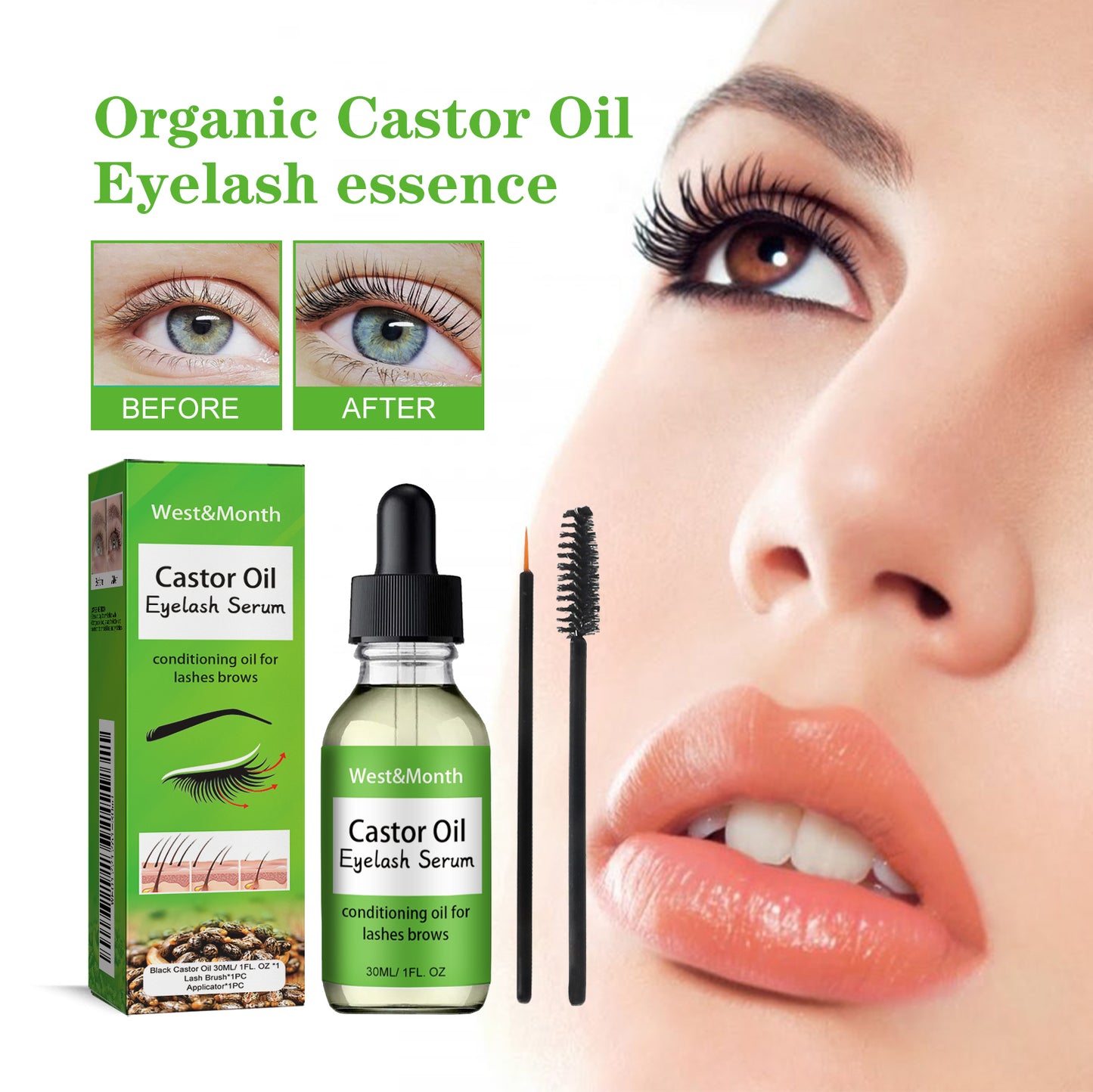 West&Month Castor Oil Mascara Mild And Easy Makeup Natural Curling Black Beautiful Non-Trace Essential Oil