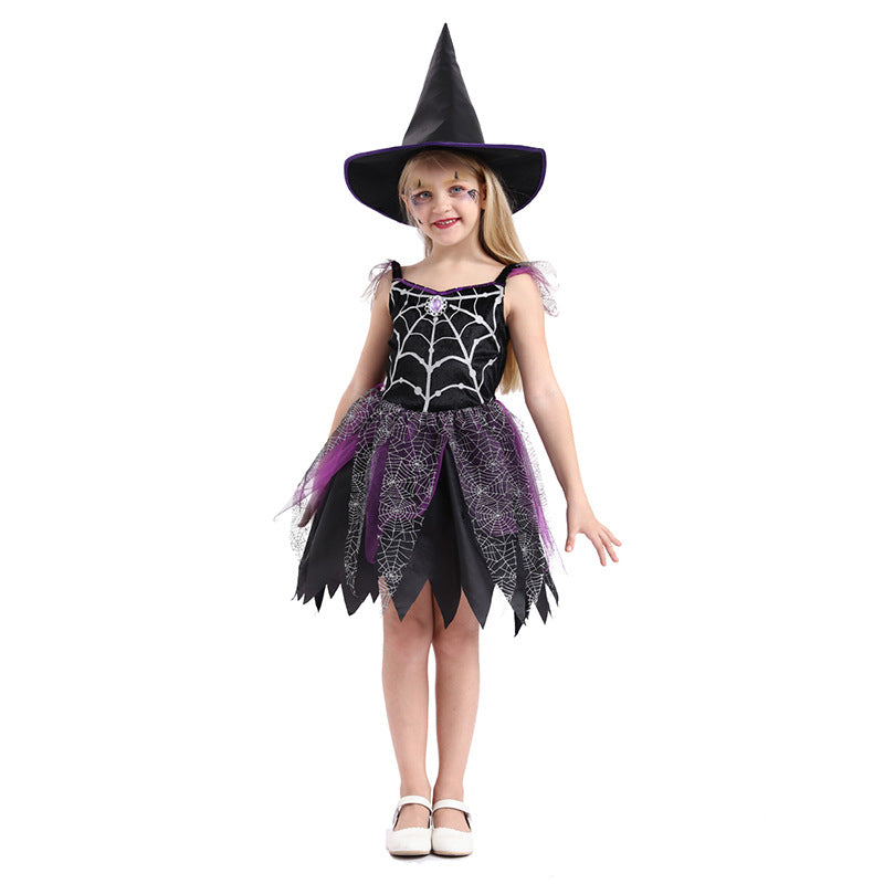Children's Halloween witch costume by ClaudiaG Home featuring a classic black hat, striped dress, and cape for kids' spooky dress-up.