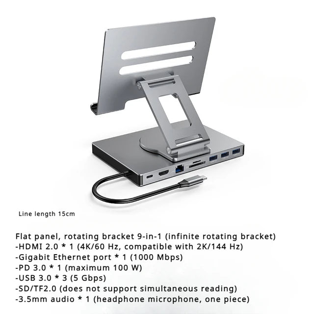 eprolo 4K/60Hz Gigabit Ethernet USB 3.0 splitter hub with flat panel rotary stand and Type-C docking station for laptops.