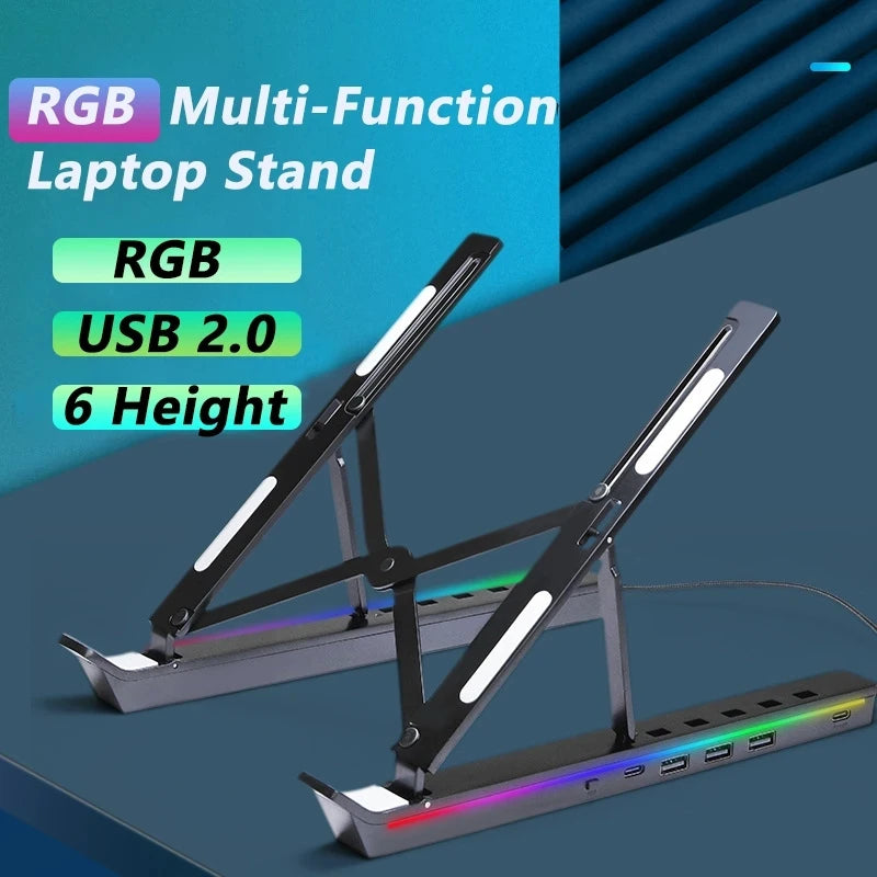 RGB Laptop Stand Adjustable 6 Gear Height Heat Dissipation USB Type-c Hub Ergonomic Notebook Holder for MacBook Tablet Phone