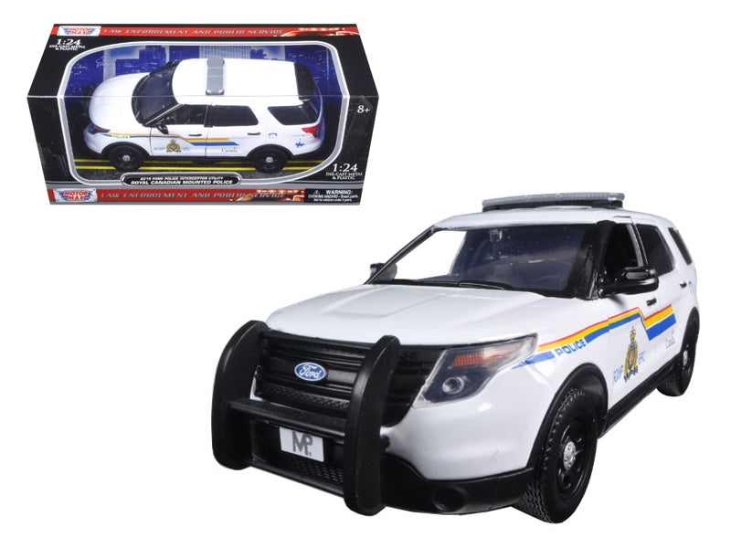 White 1/24 diecast Ford Police Interceptor Utility model car with RCMP light bar by Motormax, detailed police vehicle replica.