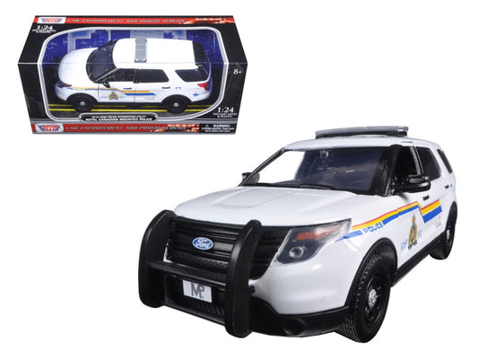 White 1/24 diecast Ford Police Interceptor Utility model car with RCMP light bar by Motormax, detailed police vehicle replica.