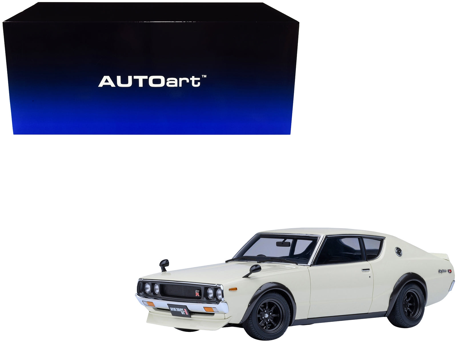 White Nissan Skyline 2000GT-R (KPGC110) tuned model car by Autoart, right-hand drive, 1/18 scale, detailed collectible vehicle.