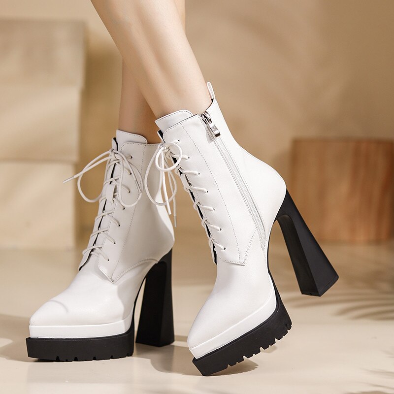 Autumn Winter Women Ankle Boots Elegant Office Ladies Party High Heels Pointed Toe Platforms Genuine Leather Shoes