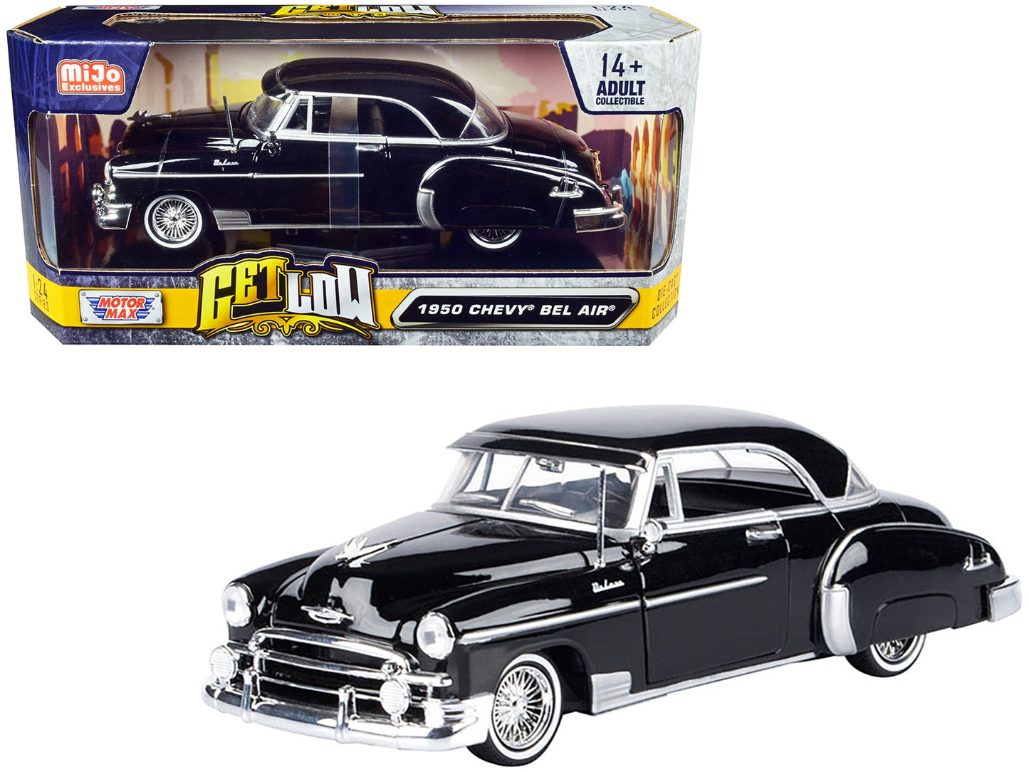 Black 1950 Chevrolet Bel Air Lowrider diecast model car by Motormax, detailed 1/24 scale "Get Low" series.