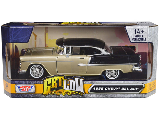 1955 Chevrolet Bel Air Lowrider Hard Top Beige Metallic and Black "Get Low" Series 1/24 Diecast Car Model by Motormax-0