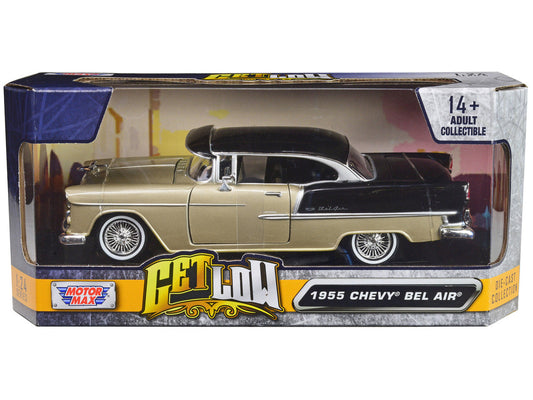 1955 Chevrolet Bel Air Lowrider Hard Top Beige Metallic and Black "Get Low" Series 1/24 Diecast Car Model by Motormax-0
