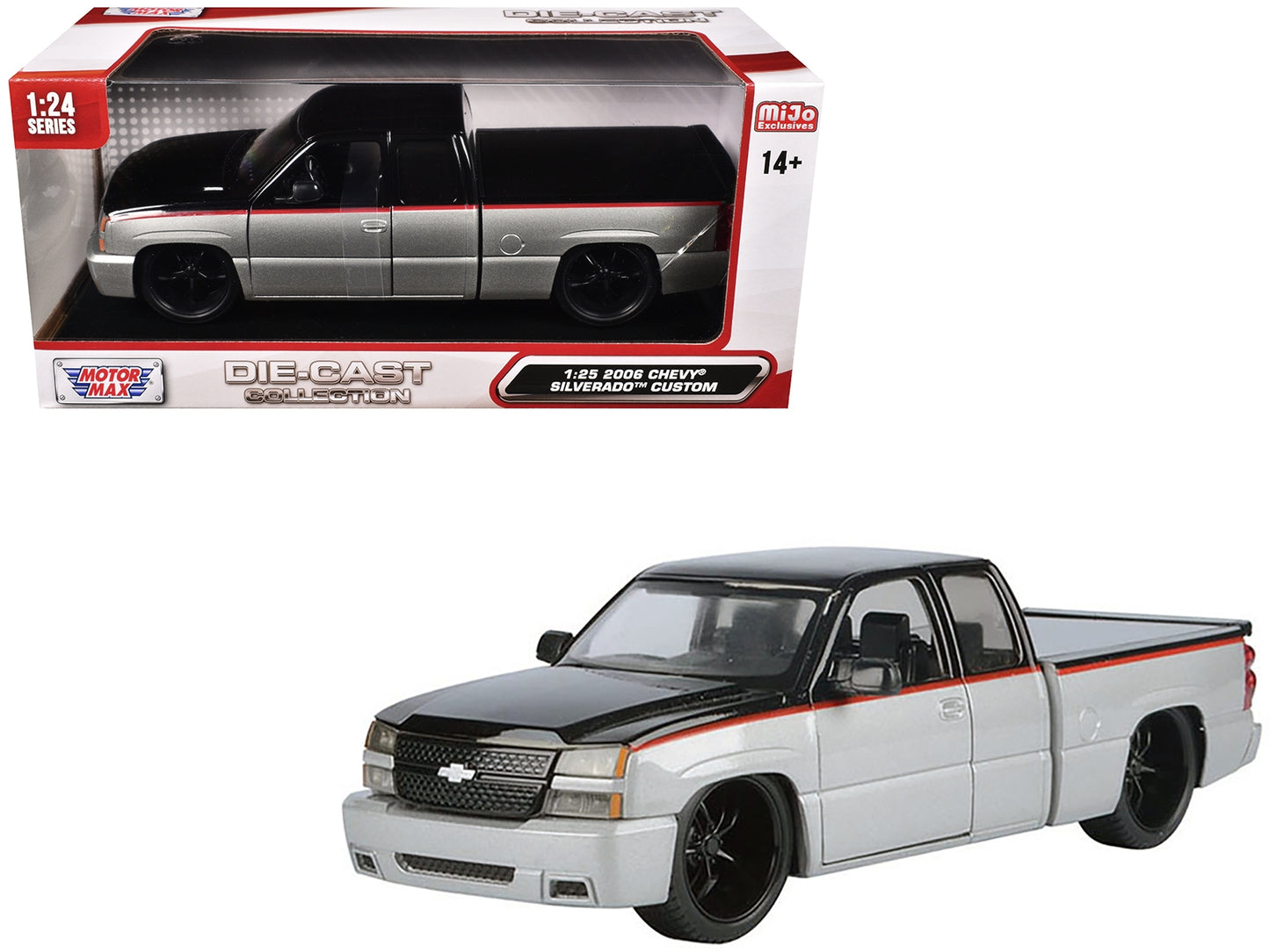 2006 Chevrolet Silverado die-cast model truck by Motormax, silver metallic and black with red stripes, 1/25 scale from Die-Cast Collection series.