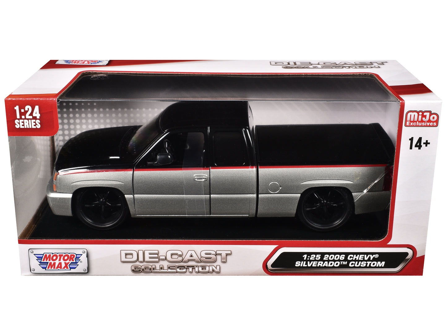 Silver metallic and black 2006 Chevrolet Silverado die-cast pickup truck model by Motormax with red stripes, part of Die-Cast Collection series.