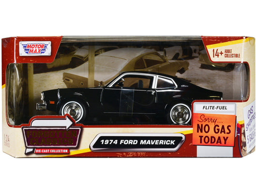 1974 Ford Maverick diecast model car in black from Motormax Forgotten Classics series, detailed 1/24 scale collectible vehicle.