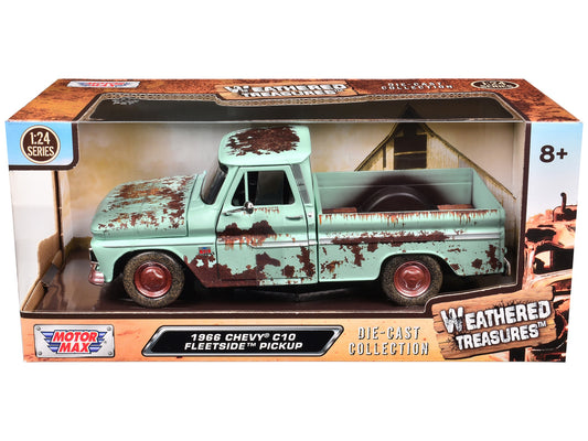 Rusted light green 1966 Chevrolet C10 Fleetside pickup truck diecast model by Motormax, weathered and detailed in 1/24 scale.