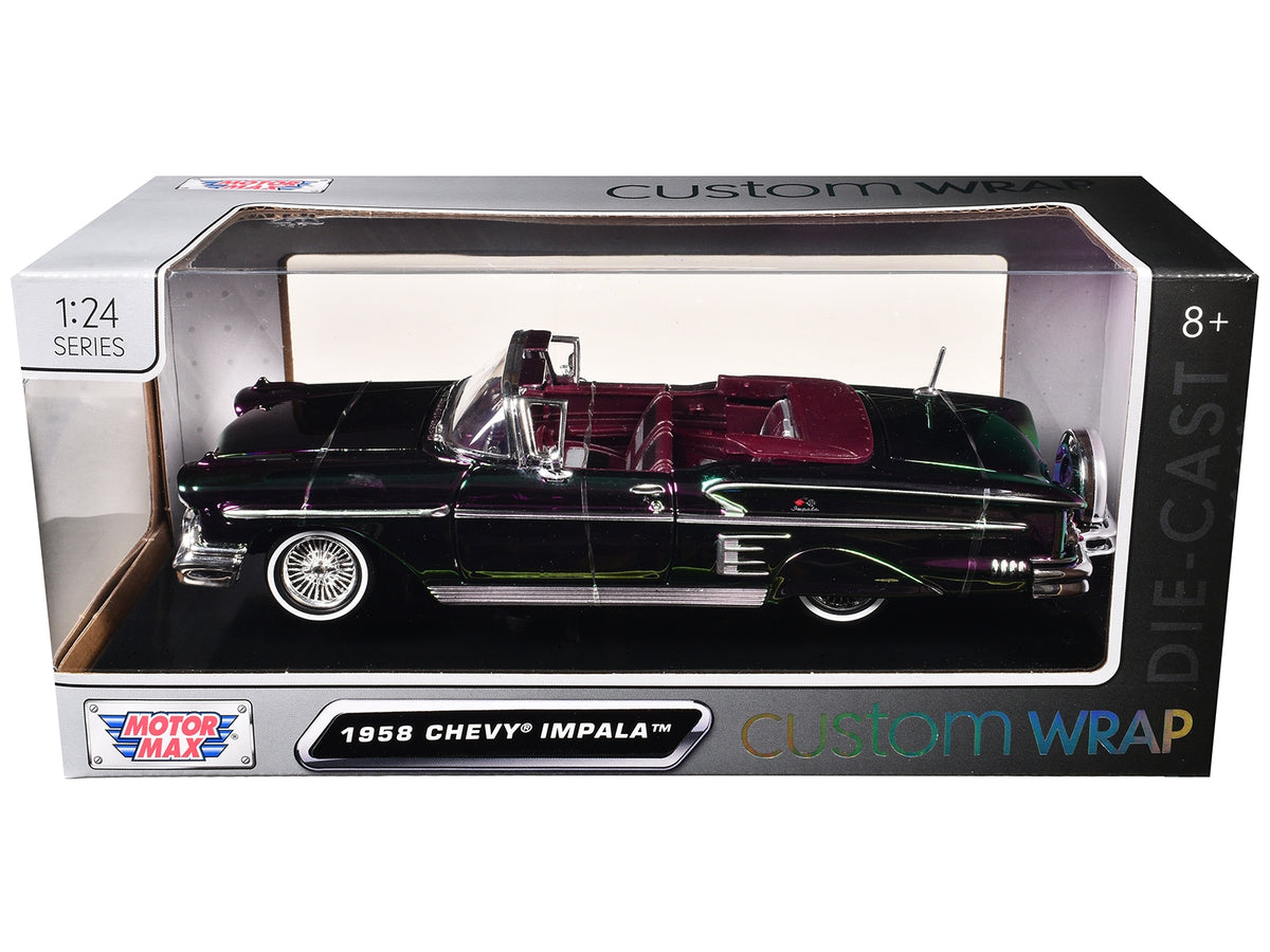 1958 Chevrolet Impala diecast model car by Motormax, green and purple chrome finish, detailed Custom Wrap Series 1/24 scale.