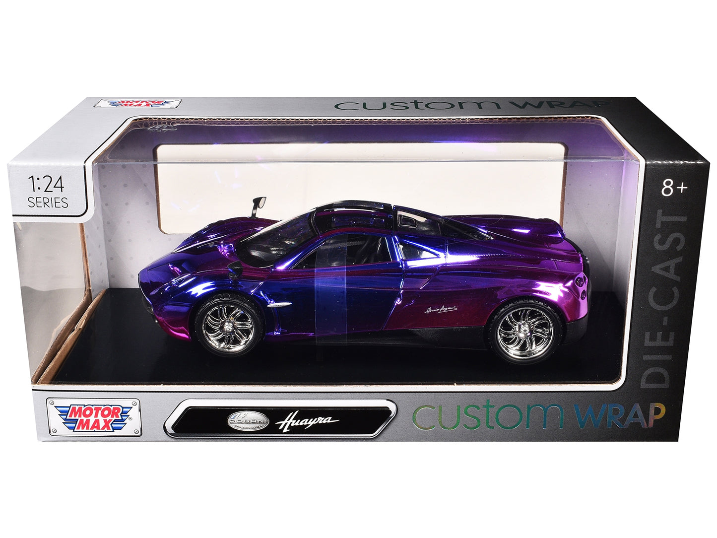 Pink and purple chrome Pagani Huayra diecast model car by Motormax, custom wrap series, 1/24 scale, detailed collectible model.