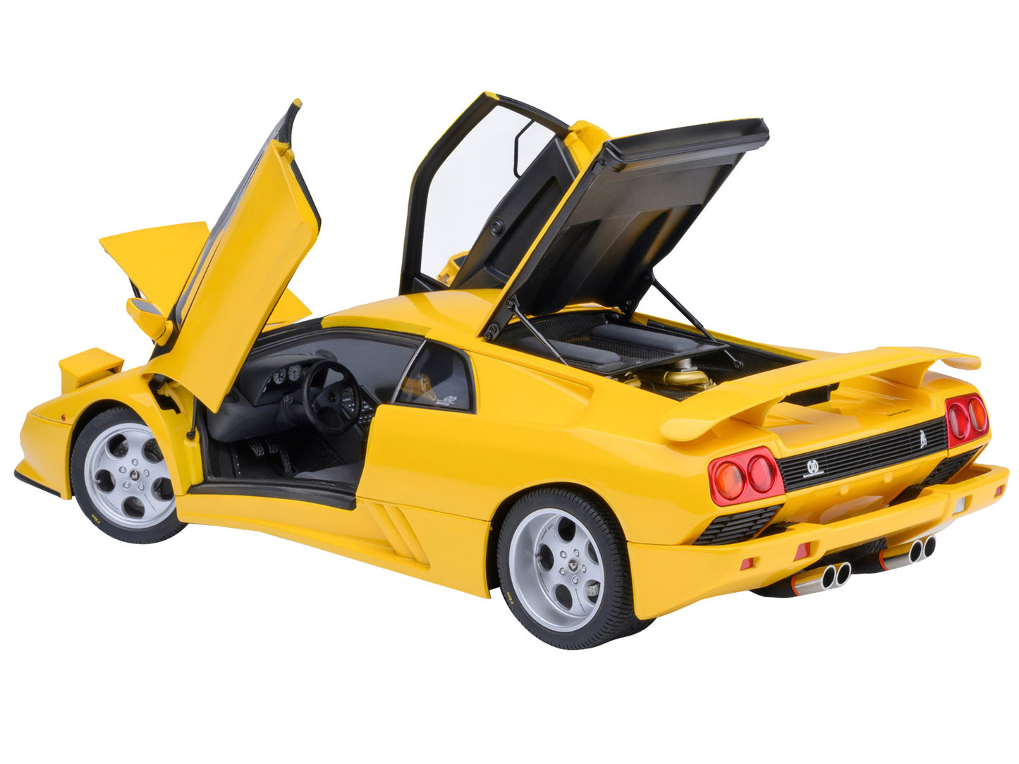 Yellow Lamborghini Diablo SE30 Jota Superfly 1/18 scale model car by Autoart, detailed miniature collectible for car enthusiasts.