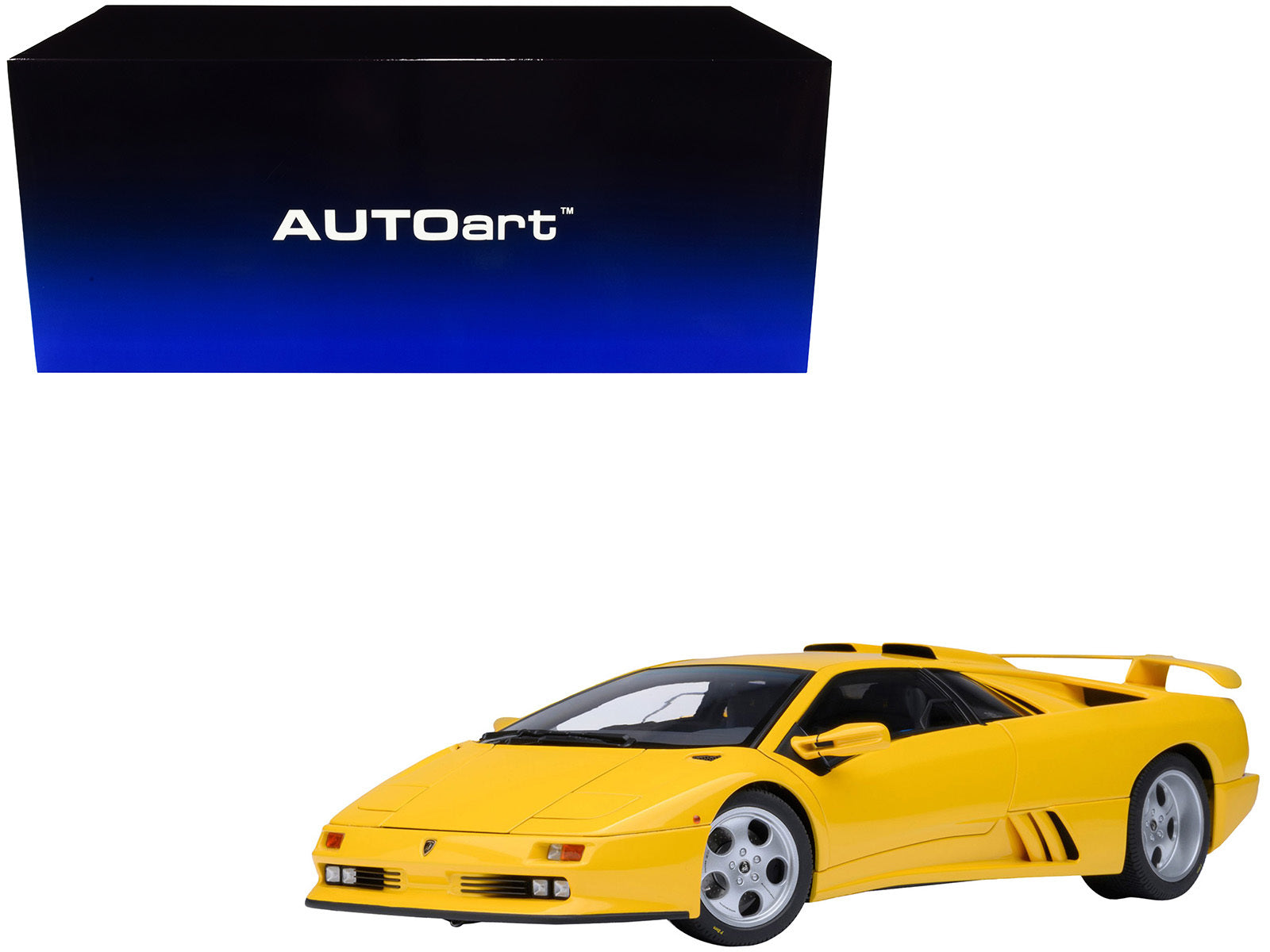 Yellow Lamborghini Diablo SE30 Jota Superfly 1/18 scale model car by Autoart, detailed collectible vehicle with realistic features.