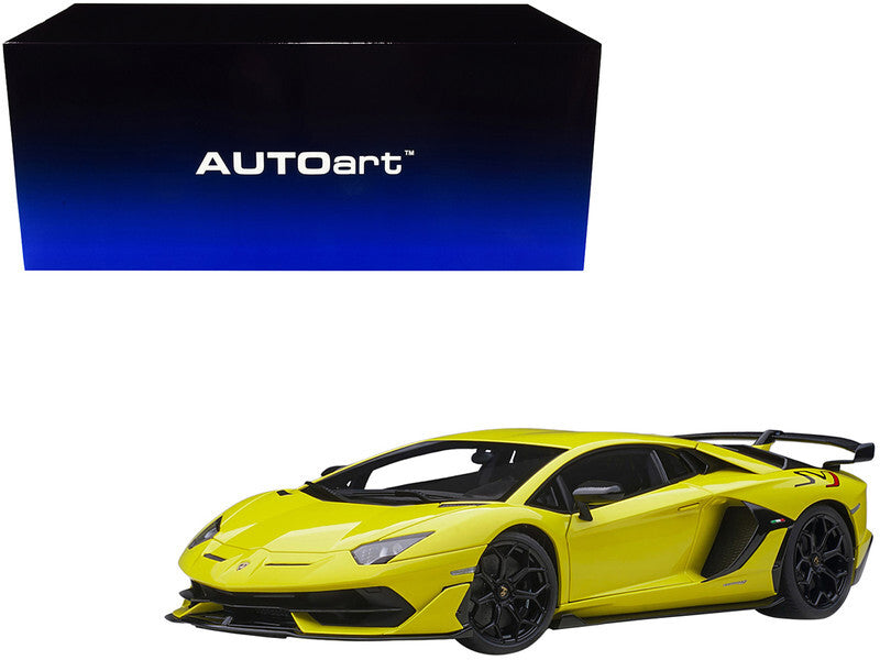 Autoart Lamborghini Aventador SVJ Giallo Tenerife model car in pearl yellow, detailed 1/18 scale Lamborghini model.