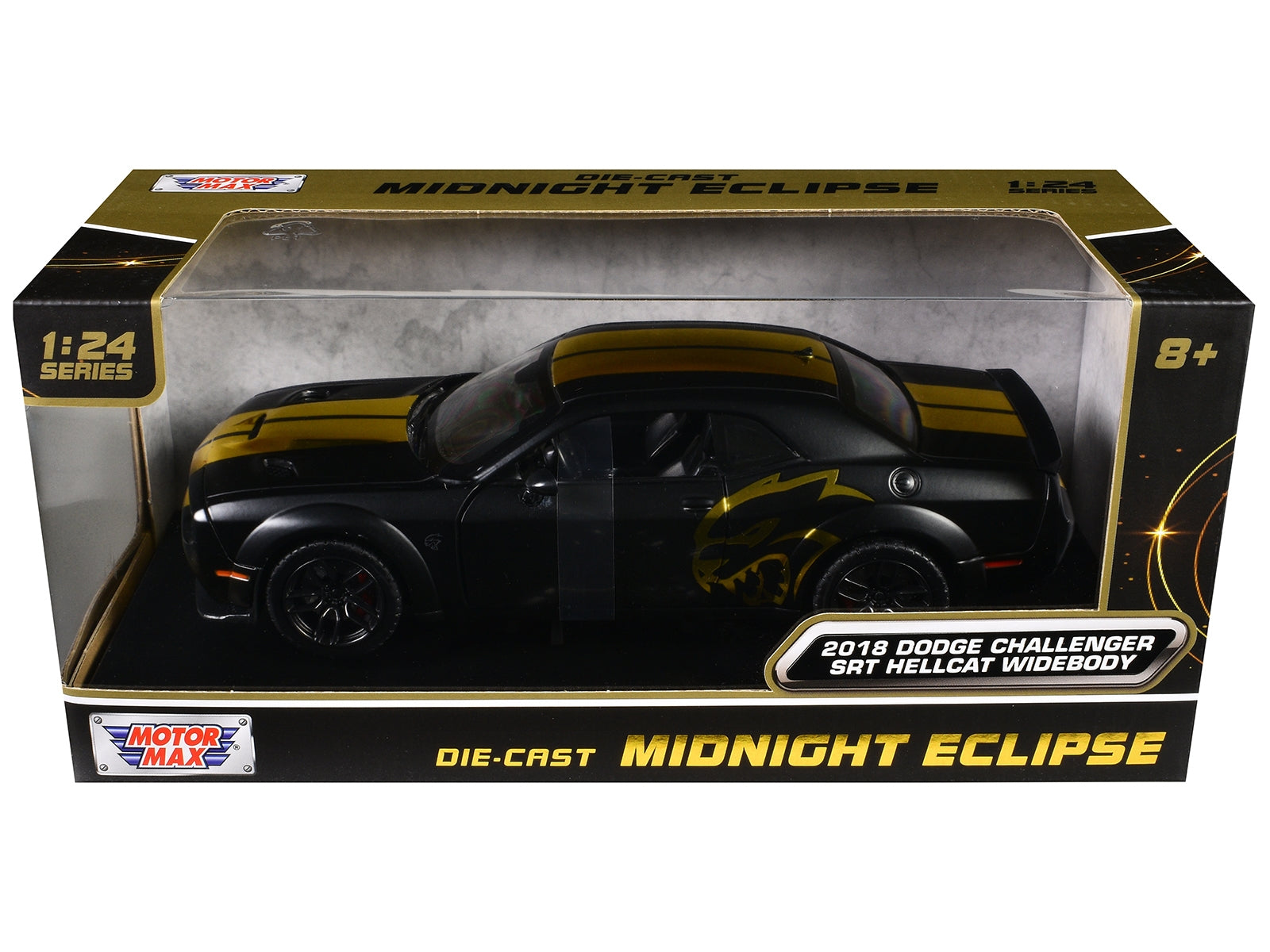 2018 Dodge Challenger SRT Hellcat Widebody diecast model car by Motormax in matte black with gold stripes, from the Midnight Eclipse series.