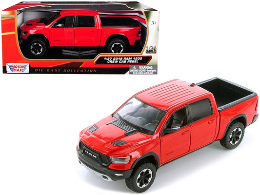 Red 2019 RAM 1500 Rebel Crew Cab diecast model truck by Motormax, detailed miniature replica of the pickup truck.