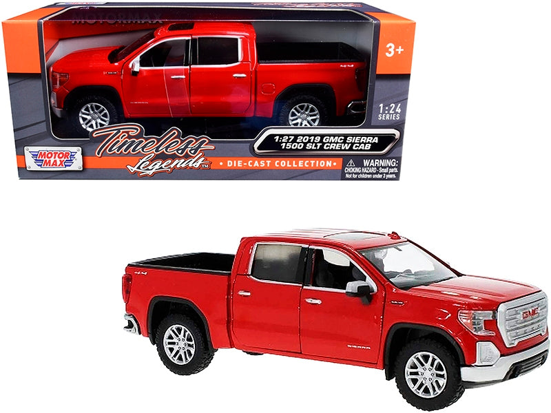 Red 2019 GMC Sierra 1500 SLT crew cab pickup truck diecast model by Motormax, detailed scale model car, front view.