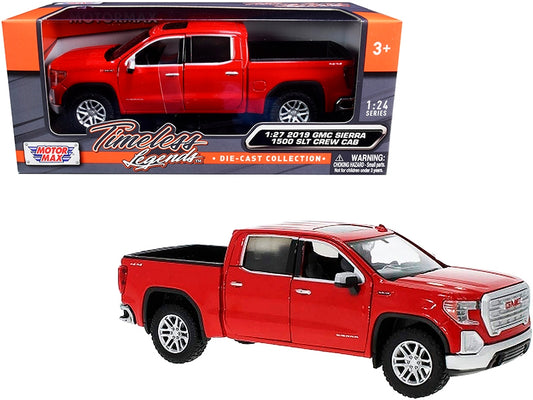 Red 2019 GMC Sierra 1500 SLT crew cab pickup truck diecast model by Motormax, detailed scale model car, front view.