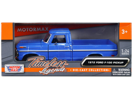Blue 1972 Ford F-100 Pickup Truck diecast model from Motormax's Timeless Legends series, detailed 1/24 scale collectible car.