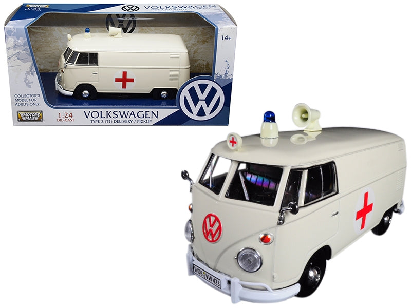 Volkswagen Type 2 T1 ambulance diecast model by Motormax, 1/24 scale, detailed cream-colored vintage emergency vehicle.