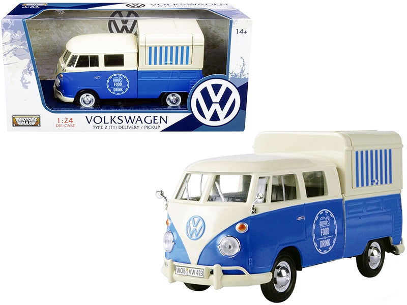 Volkswagen Type 2 T1 Pickup Food Truck diecast model car in cream and blue by Motormax, 1/24 scale.
