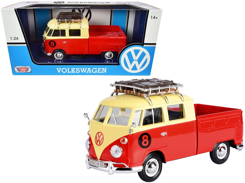 Red and yellow Volkswagen Type 2 T1 pickup truck diecast model by Motormax with roof rack and luggage, 1/24 scale.