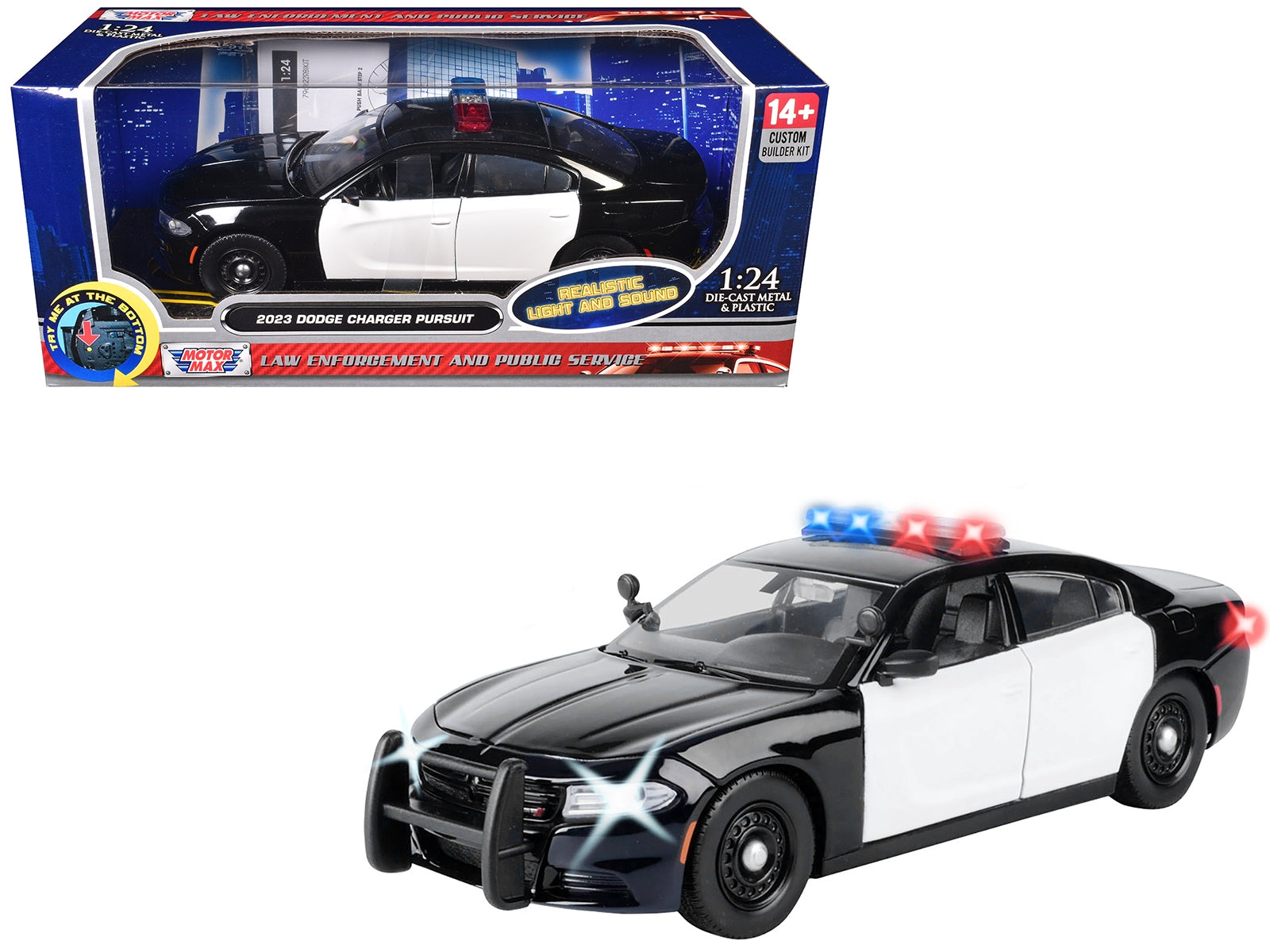 2023 Dodge Charger Pursuit police car diecast model by Motormax, black and white with flashing light bar and sound features, 1/24 scale