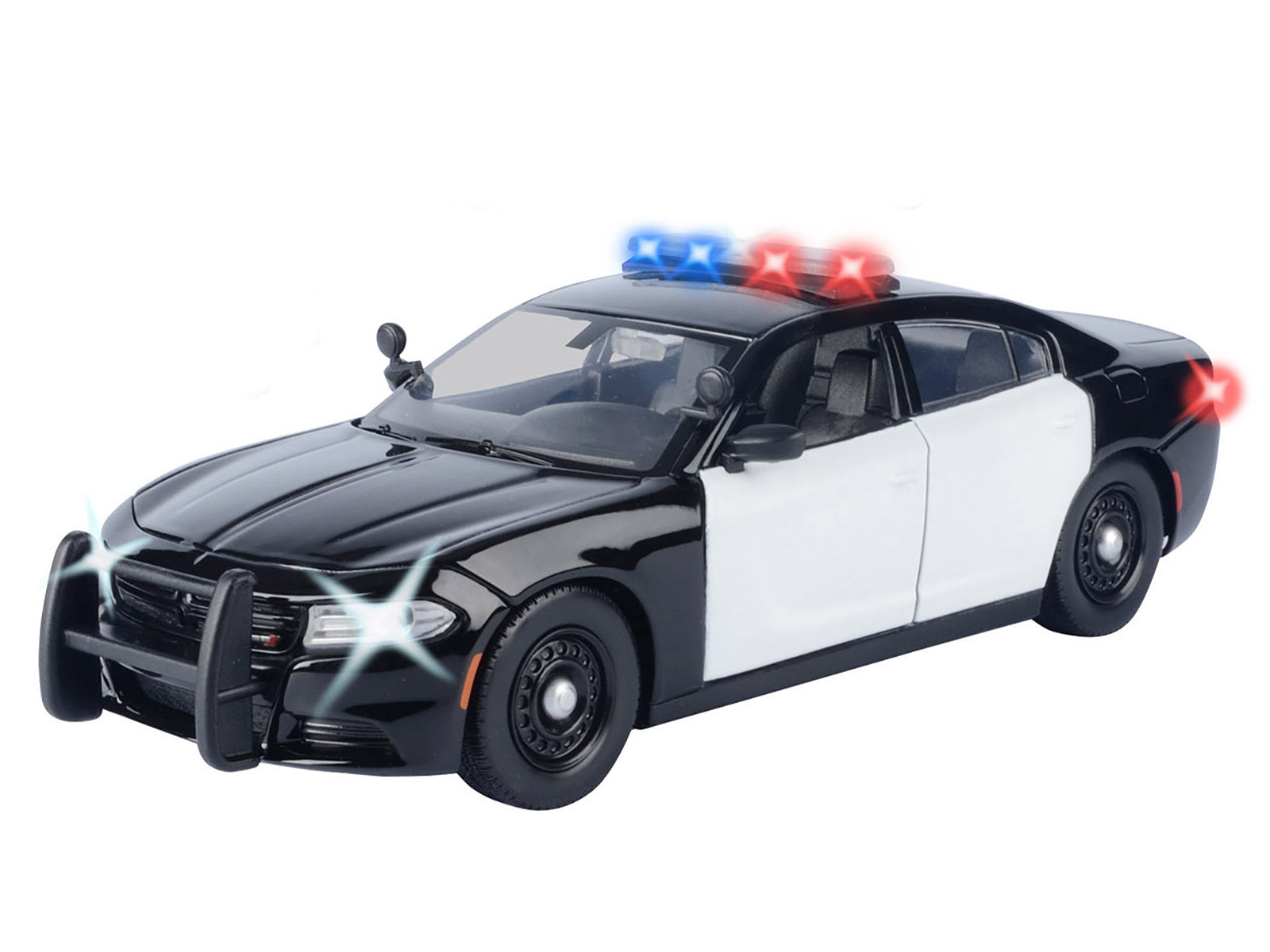 2023 Dodge Charger Pursuit police car diecast model by Motormax, black and white with flashing light bar and front and rear lights.