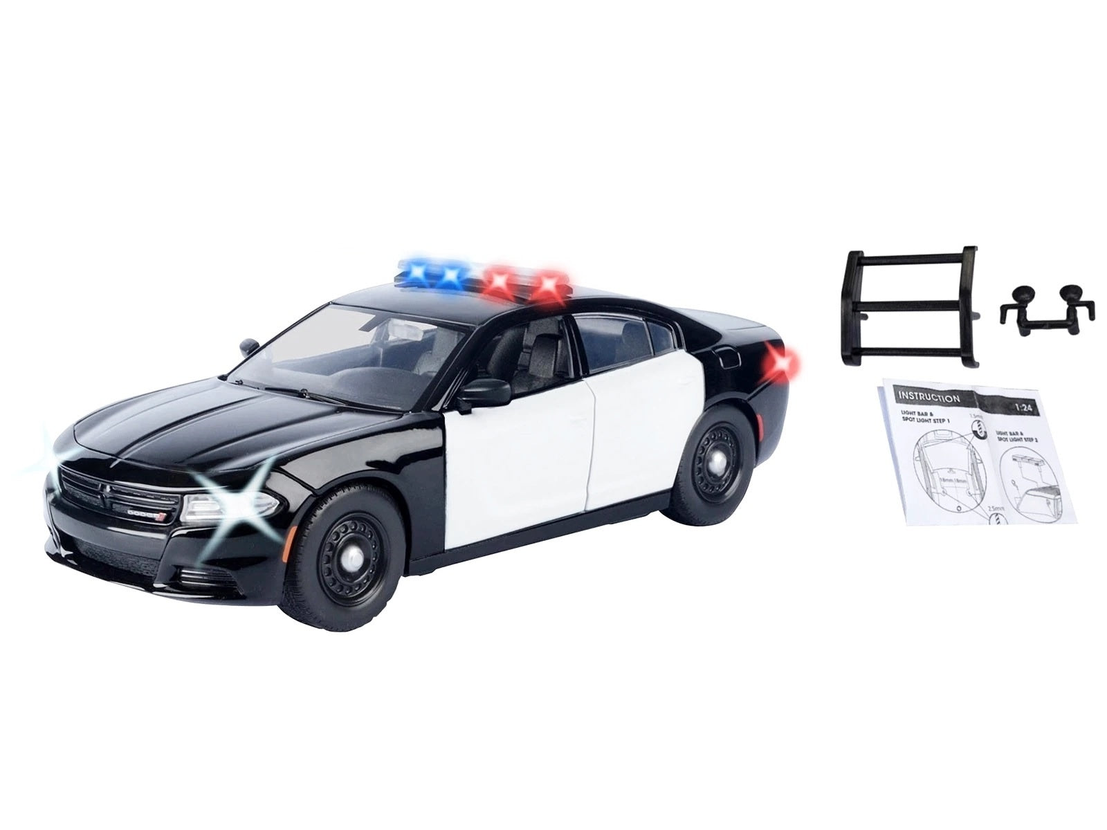 2023 Dodge Charger Pursuit police car diecast model by Motormax, black and white with flashing light bar, front and rear lights, and sound features.