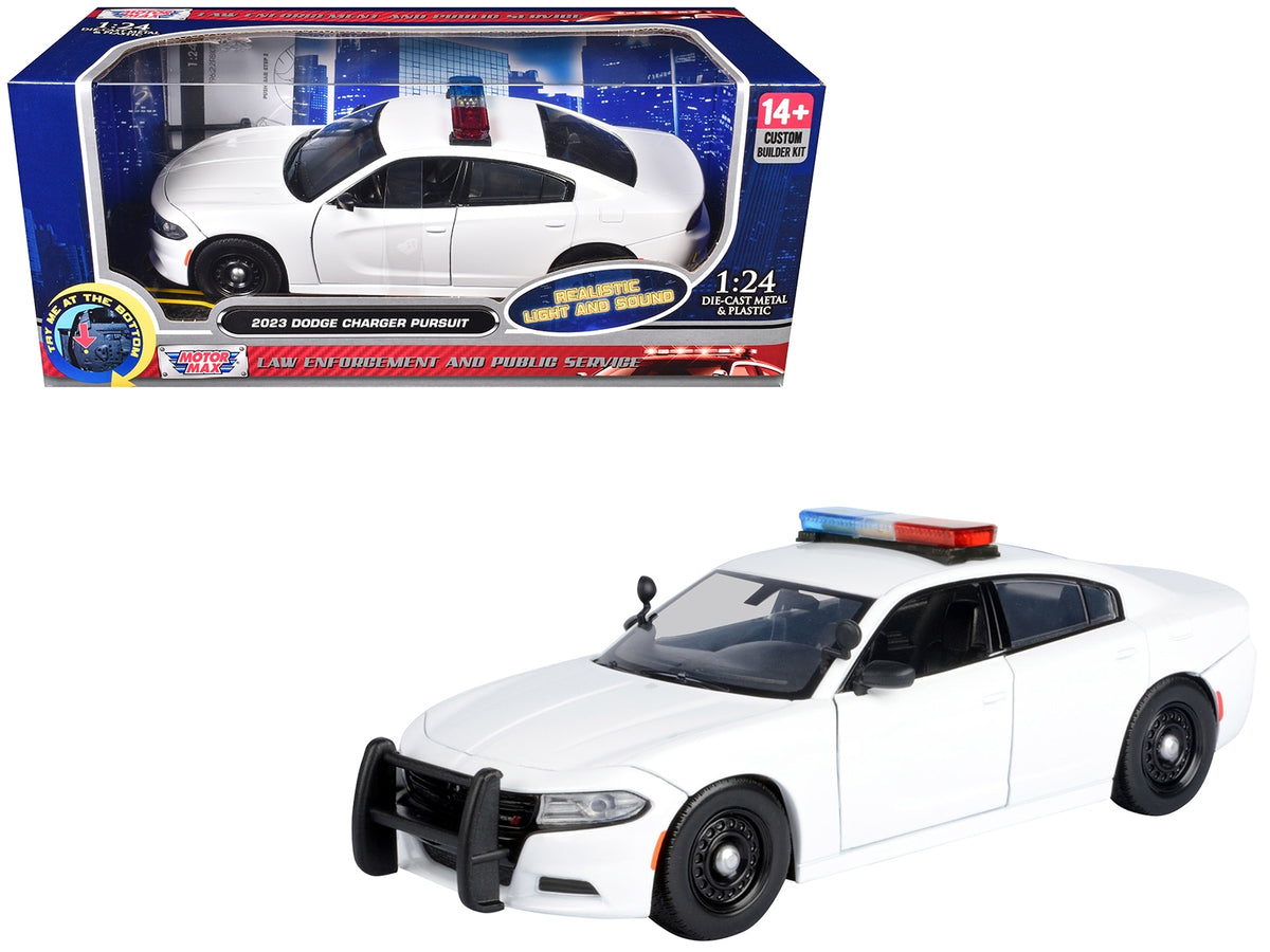 2023 Dodge Charger Pursuit police car diecast model by Motormax, unmarked white with flashing light bar, front and rear lights, 1/24 scale