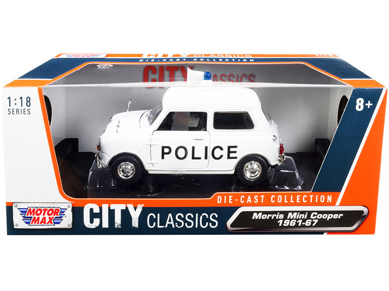 1961-1967 Morris Mini Cooper RHD (Right Hand Drive) "Police" White "City Classics" Series 1/18 Diecast Model Car by Motormax-0