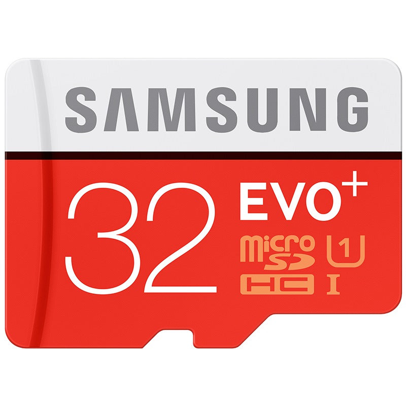 Samsung EVO+ 32GB micro SDHC memory card with UHS-I Class 10 speed for storing photos, videos, and data.