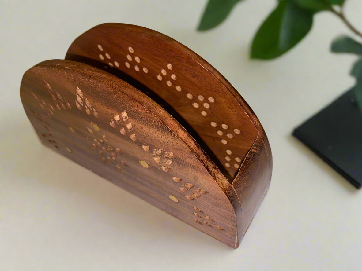 Vintage Wooden Paper Tissue Box Napkin & Tissue Holder Box Brass Inlay